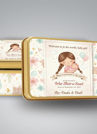 Premium Birth Announcement Tin Boxes – Custom Printed Baby Arrival Gifts & Methie Boxes in Pakistan