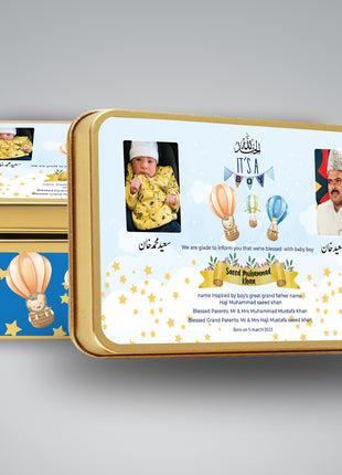 Premium Birth Announcement Tin Boxes – Custom Printed Baby Arrival Gifts & Methie Boxes in Pakistan