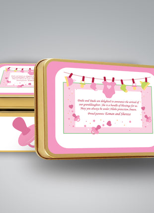 Premium Birth Announcement Tin Boxes – Custom Printed Baby Arrival Gifts & Methie Boxes in Pakistan