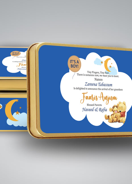 Premium Birth Announcement Tin Boxes – Custom Printed Baby Arrival Gifts & Methie Boxes in Pakistan