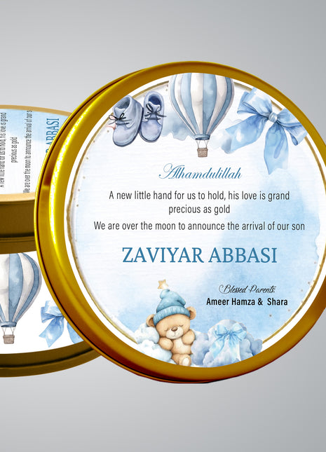 Premium Birth Announcement Tin Boxes – Custom Printed Baby Arrival Gifts & Methie Boxes in Pakistan