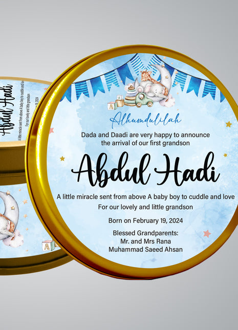 Premium Birth Announcement Tin Boxes – Custom Printed Baby Arrival Gifts & Methie Boxes in Pakistan