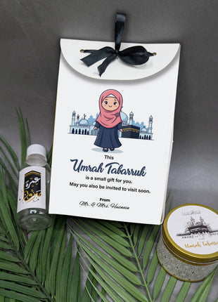 Hajj & Umrah Tabarruk Gift Set – Customized Bag, Tin Box & Zamzam Bottle (Complete Package)