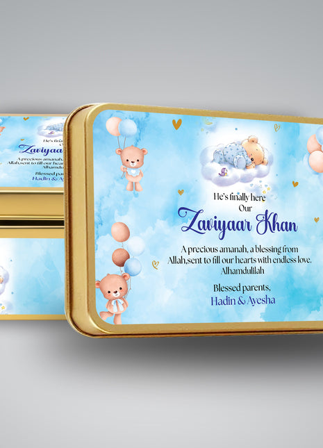Premium Birth Announcement Tin Boxes – Custom Printed Baby Arrival Gifts & Methie Boxes in Pakistan