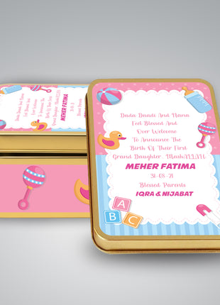 Premium Birth Announcement Tin Boxes – Custom Printed Baby Arrival Gifts & Methie Boxes in Pakistan