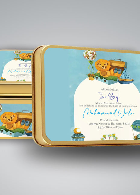 Premium Birth Announcement Tin Boxes – Custom Printed Baby Arrival Gifts & Methie Boxes in Pakistan