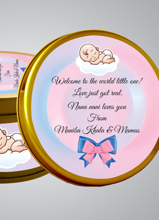 Premium Birth Announcement Tin Boxes – Custom Printed Baby Arrival Gifts & Methie Boxes in Pakistan