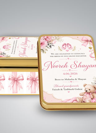 Premium Birth Announcement Tin Boxes – Custom Printed Baby Arrival Gifts & Methie Boxes in Pakistan