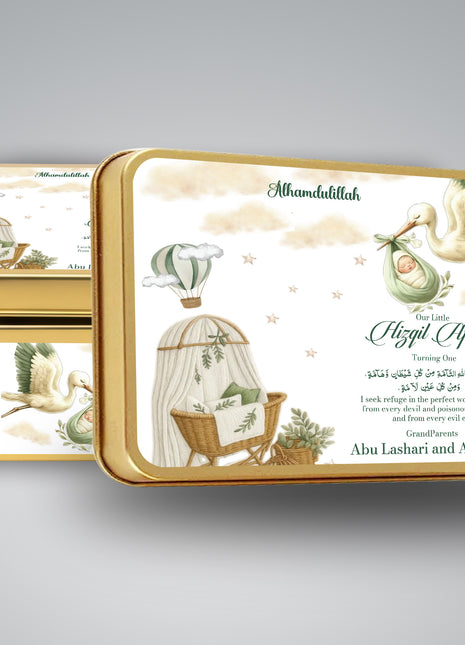 Premium Birth Announcement Tin Boxes – Custom Printed Baby Arrival Gifts & Methie Boxes in Pakistan