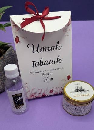 Hajj & Umrah Tabarruk Gift Set – Customized Bag, Tin Box & Zamzam Bottle (Complete Package)