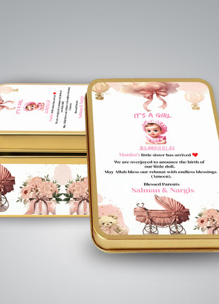 Premium Birth Announcement Tin Boxes – Custom Printed Baby Arrival Gifts & Methie Boxes in Pakistan