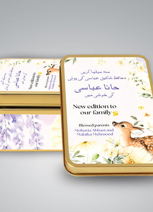 Premium Birth Announcement Tin Boxes – Custom Printed Baby Arrival Gifts & Methie Boxes in Pakistan