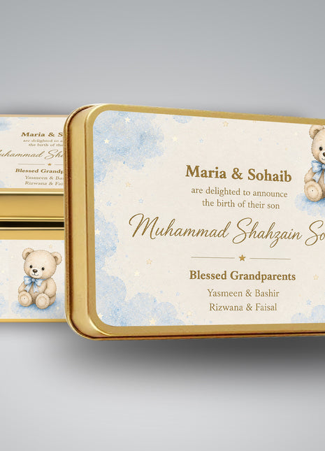 Premium Birth Announcement Tin Boxes – Custom Printed Baby Arrival Gifts & Methie Boxes in Pakistan