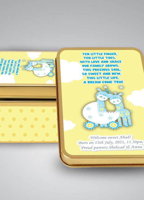 Premium Birth Announcement Tin Boxes – Custom Printed Baby Arrival Gifts & Methie Boxes in Pakistan