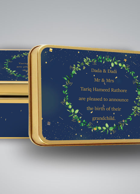 Premium Birth Announcement Tin Boxes – Custom Printed Baby Arrival Gifts & Methie Boxes in Pakistan