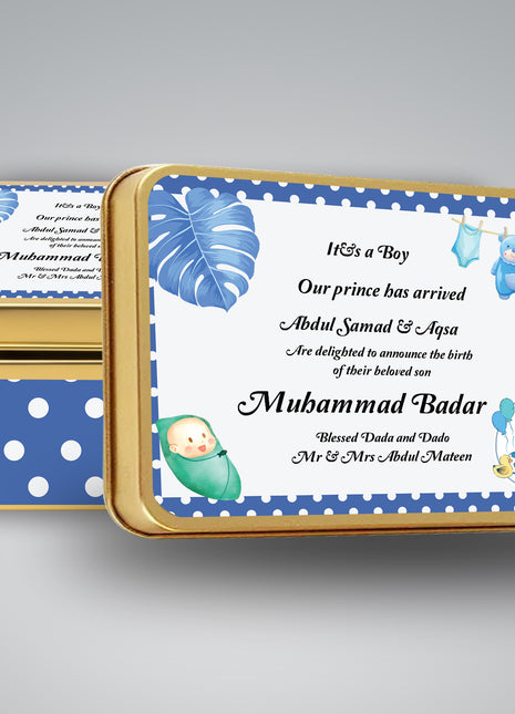 Premium Birth Announcement Tin Boxes – Custom Printed Baby Arrival Gifts & Methie Boxes in Pakistan