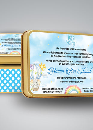 Premium Birth Announcement Tin Boxes – Custom Printed Baby Arrival Gifts & Methie Boxes in Pakistan