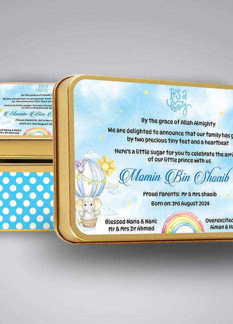 Premium Birth Announcement Tin Boxes – Custom Printed Baby Arrival Gifts & Methie Boxes in Pakistan