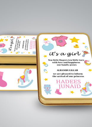 Premium Birth Announcement Tin Boxes – Custom Printed Baby Arrival Gifts & Methie Boxes in Pakistan