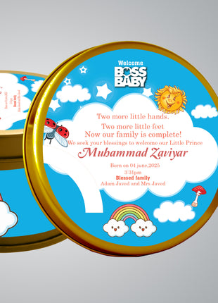 Premium Birth Announcement Tin Boxes – Custom Printed Baby Arrival Gifts & Methie Boxes in Pakistan