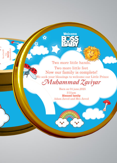 Premium Birth Announcement Tin Boxes – Custom Printed Baby Arrival Gifts & Methie Boxes in Pakistan
