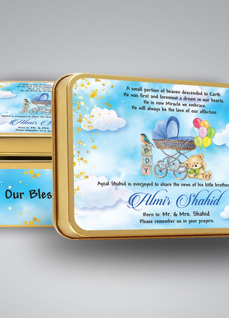 Premium Birth Announcement Tin Boxes – Custom Printed Baby Arrival Gifts & Methie Boxes in Pakistan