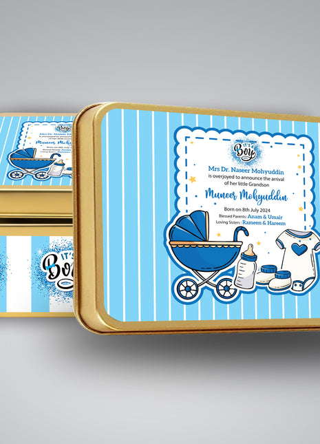 Premium Birth Announcement Tin Boxes – Custom Printed Baby Arrival Gifts & Methie Boxes in Pakistan