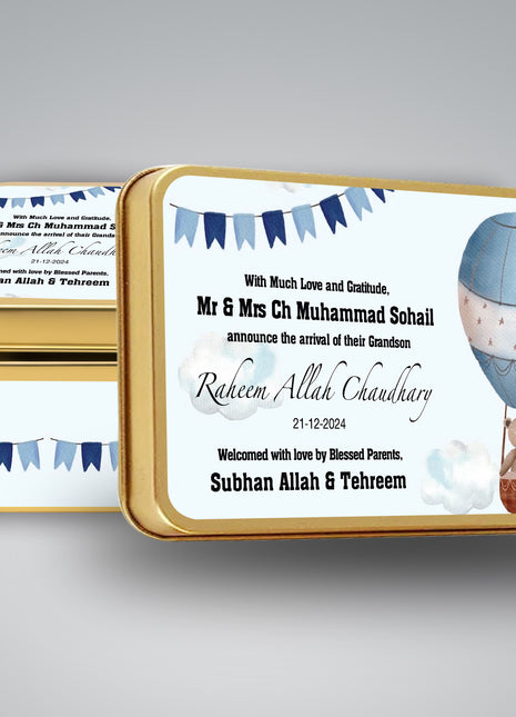 Premium Birth Announcement Tin Boxes – Custom Printed Baby Arrival Gifts & Methie Boxes in Pakistan