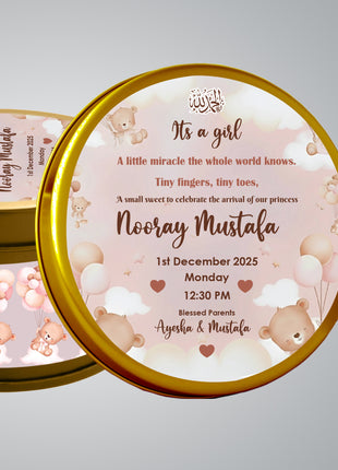 Premium Birth Announcement Tin Boxes – Custom Printed Baby Arrival Gifts & Methie Boxes in Pakistan