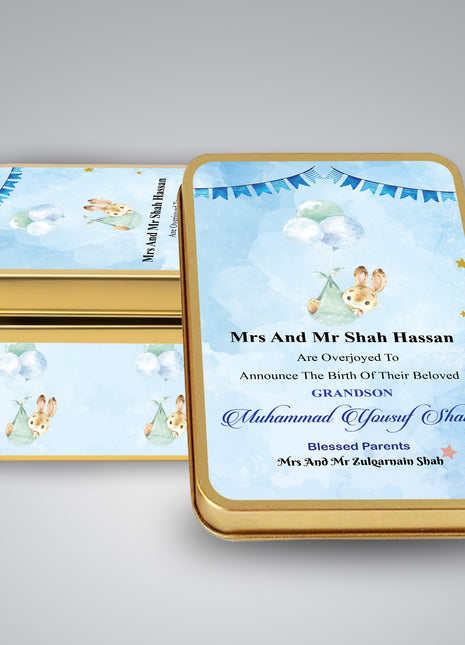 Premium Birth Announcement Tin Boxes – Custom Printed Baby Arrival Gifts & Methie Boxes in Pakistan