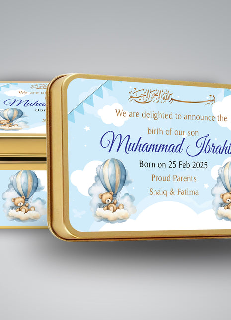 Premium Birth Announcement Tin Boxes – Custom Printed Baby Arrival Gifts & Methie Boxes in Pakistan
