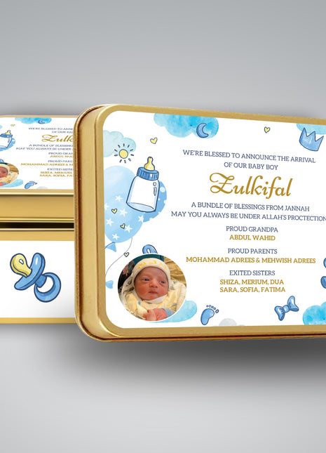 Premium Birth Announcement Tin Boxes – Custom Printed Baby Arrival Gifts & Methie Boxes in Pakistan