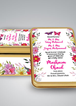 Premium Birth Announcement Tin Boxes – Custom Printed Baby Arrival Gifts & Methie Boxes in Pakistan