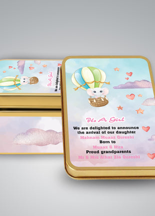 Premium Birth Announcement Tin Boxes – Custom Printed Baby Arrival Gifts & Methie Boxes in Pakistan