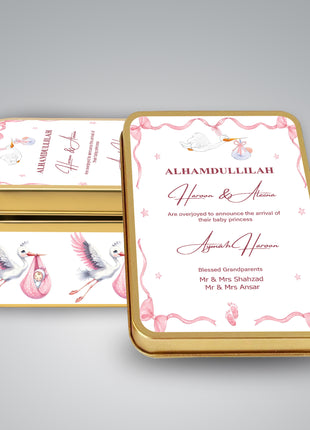 Premium Birth Announcement Tin Boxes – Custom Printed Baby Arrival Gifts & Methie Boxes in Pakistan