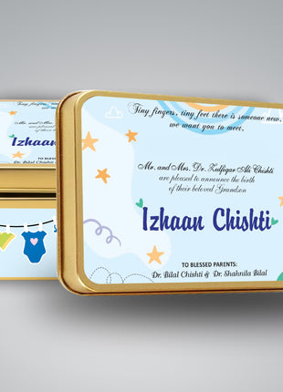 Premium Birth Announcement Tin Boxes – Custom Printed Baby Arrival Gifts & Methie Boxes in Pakistan