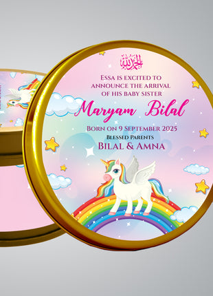 Premium Birth Announcement Tin Boxes – Custom Printed Baby Arrival Gifts & Methie Boxes in Pakistan