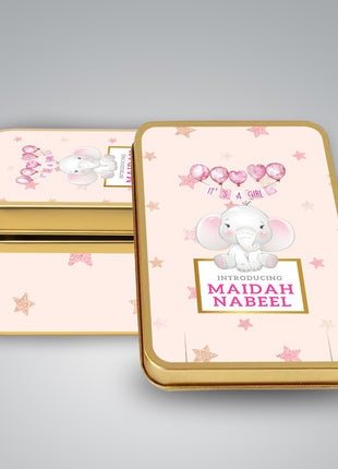 Premium Birth Announcement Tin Boxes – Custom Printed Baby Arrival Gifts & Methie Boxes in Pakistan