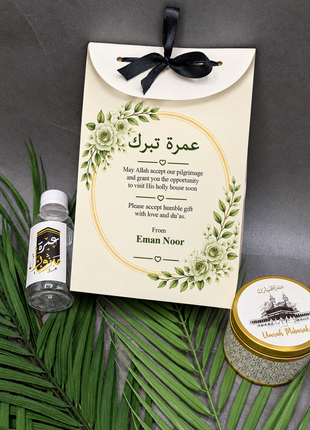 Hajj & Umrah Tabarruk Gift Set – Customized Bag, Tin Box & Zamzam Bottle (Complete Package)