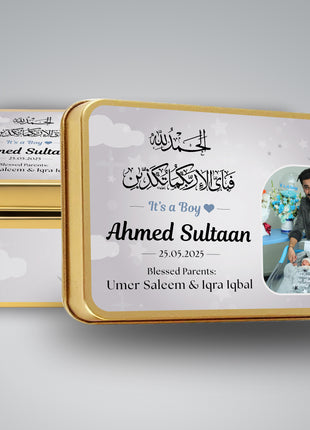 Premium Birth Announcement Tin Boxes – Custom Printed Baby Arrival Gifts & Methie Boxes in Pakistan