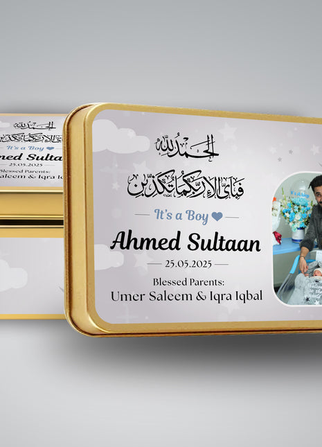 Premium Birth Announcement Tin Boxes – Custom Printed Baby Arrival Gifts & Methie Boxes in Pakistan