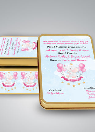 Premium Birth Announcement Tin Boxes – Custom Printed Baby Arrival Gifts & Methie Boxes in Pakistan