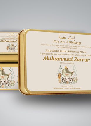Premium Birth Announcement Tin Boxes – Custom Printed Baby Arrival Gifts & Methie Boxes in Pakistan