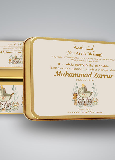 Premium Birth Announcement Tin Boxes – Custom Printed Baby Arrival Gifts & Methie Boxes in Pakistan