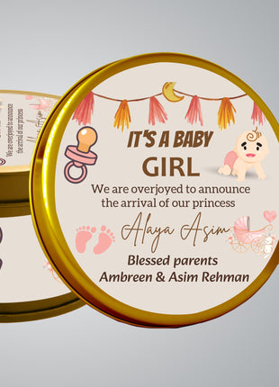 Premium Birth Announcement Tin Boxes – Custom Printed Baby Arrival Gifts & Methie Boxes in Pakistan