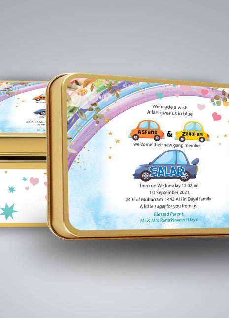 Premium Birth Announcement Tin Boxes – Custom Printed Baby Arrival Gifts & Methie Boxes in Pakistan