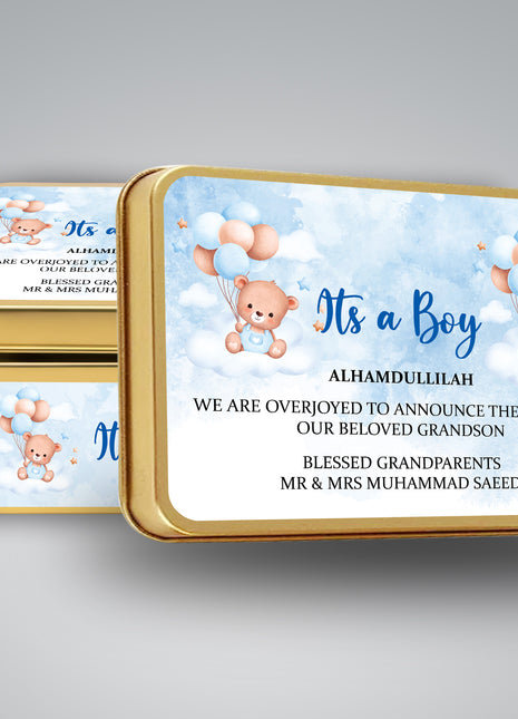 Premium Birth Announcement Tin Boxes – Custom Printed Baby Arrival Gifts & Methie Boxes in Pakistan