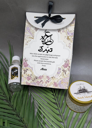 Hajj & Umrah Tabarruk Gift Set – Customized Bag, Tin Box & Zamzam Bottle (Complete Package)