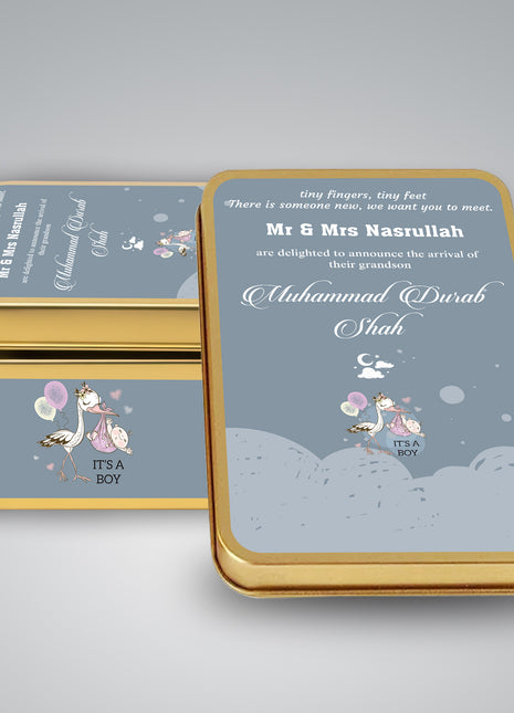 Premium Birth Announcement Tin Boxes – Custom Printed Baby Arrival Gifts & Methie Boxes in Pakistan