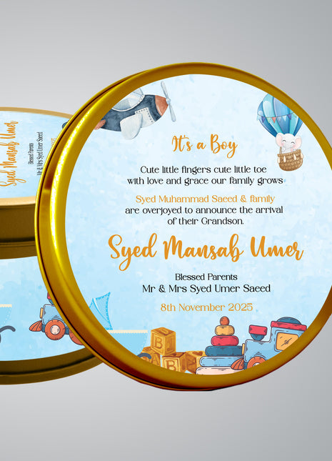 Premium Birth Announcement Tin Boxes – Custom Printed Baby Arrival Gifts & Methie Boxes in Pakistan